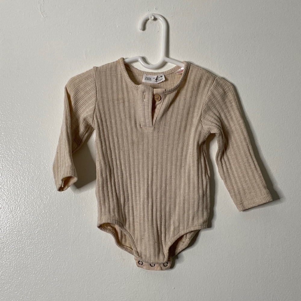 Zara Beige Ribbed Long-Sleeve Baby One-Piece